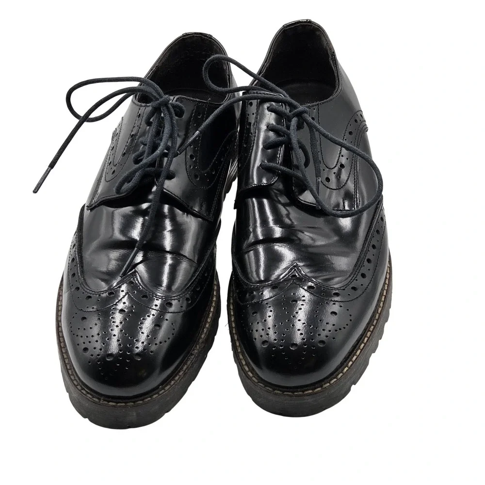 Dress Shoes Mens Size 10 Black Leather Brogue Wingtip Oxford Lug Sole Dress